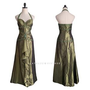 Vintage Prom Dress Maxi Gown S Green Y2K Fairy Princess Ruffle Glam Bead Halter